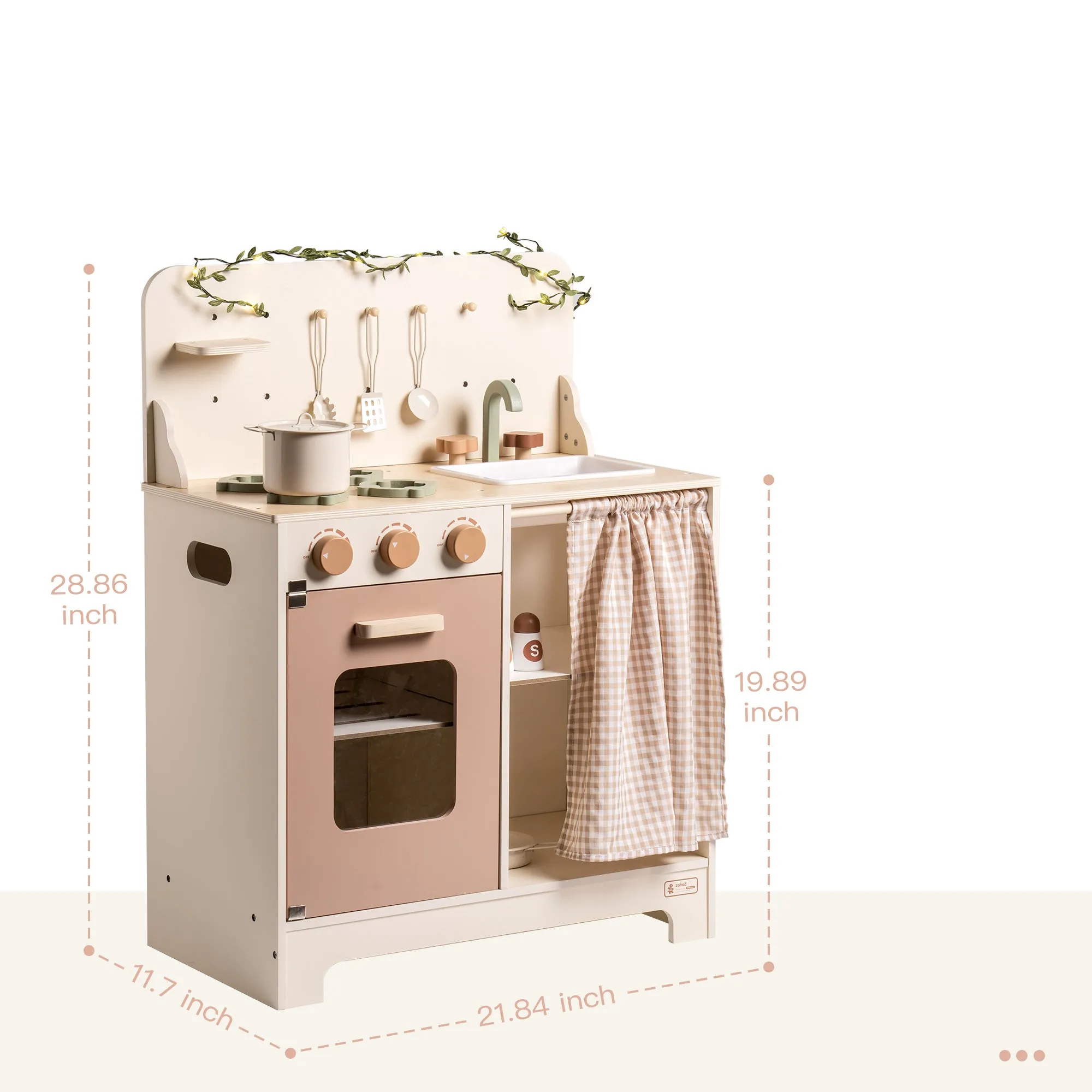 11 in 1 Wooden Play Kitchen Set Cream Color Kitchen with Curtain