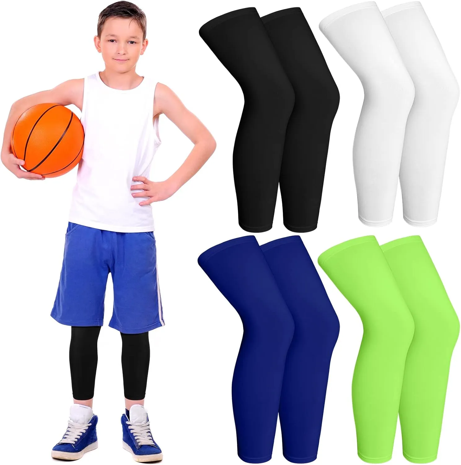 4 Pairs Kids Long Compression Boys Leg Sleeves Non Slip UV Protection Thigh Calf for Kids Boy Girl Youth Legs Sleeve Basketball Running Sport (Black, White, Blue, Green)
