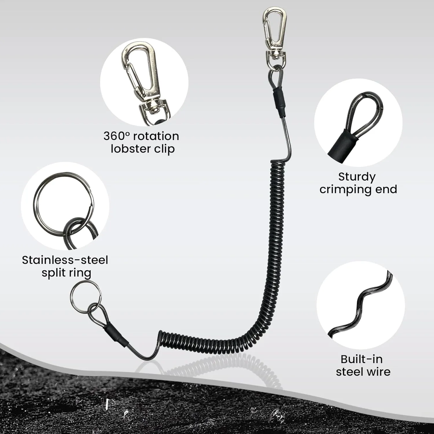 6 pcs Fishing Coiled Lanyards, Heavy-duty Retractable Keychain Pole Tether, Safety Leash Steel Wire & Carabiner Clip