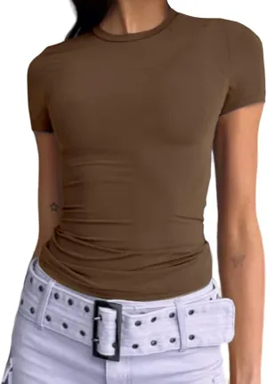 Abardsion Women's Casual Basic Going Out Crop Tops Slim Fit Short Sleeve Crew Neck Tight T Shirts 2025