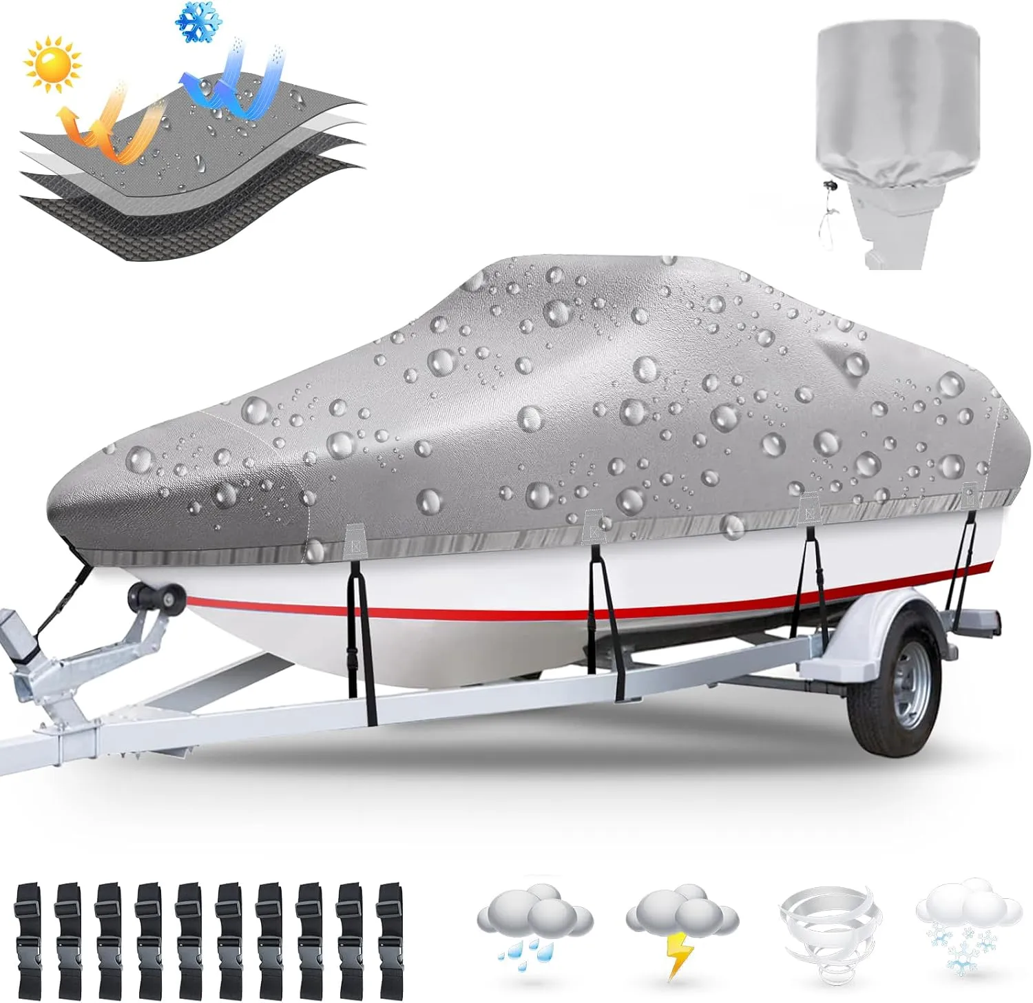 Boat Covers 17-19ft, Heavy Duty 1200D Oxford Waterproof Trailerable Boat Cover, UV Resistant Bass Boat Covers with Motor Cover, Fits V-Hull Tri-Hull Fish&Ski Boat, Runabout