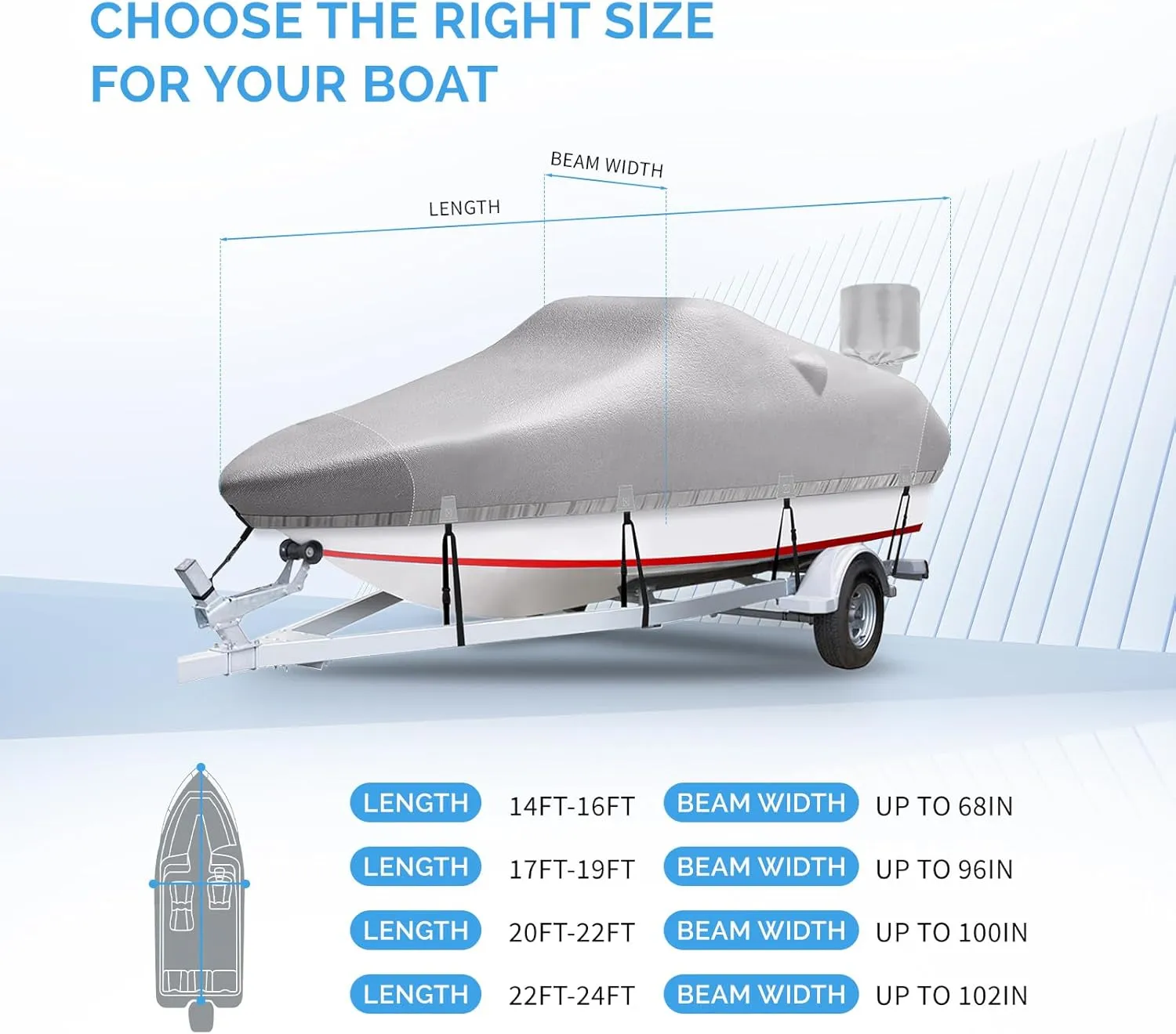 Boat Covers 17-19ft, Heavy Duty 1200D Oxford Waterproof Trailerable Boat Cover, UV Resistant Bass Boat Covers with Motor Cover, Fits V-Hull Tri-Hull Fish&Ski Boat, Runabout