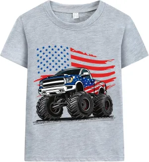 Boys 4th of July T-Shirt Kids American Tee Monster Trucks Tractor Independence Day Patriotic Tops Short Sleeve 2-7 Years