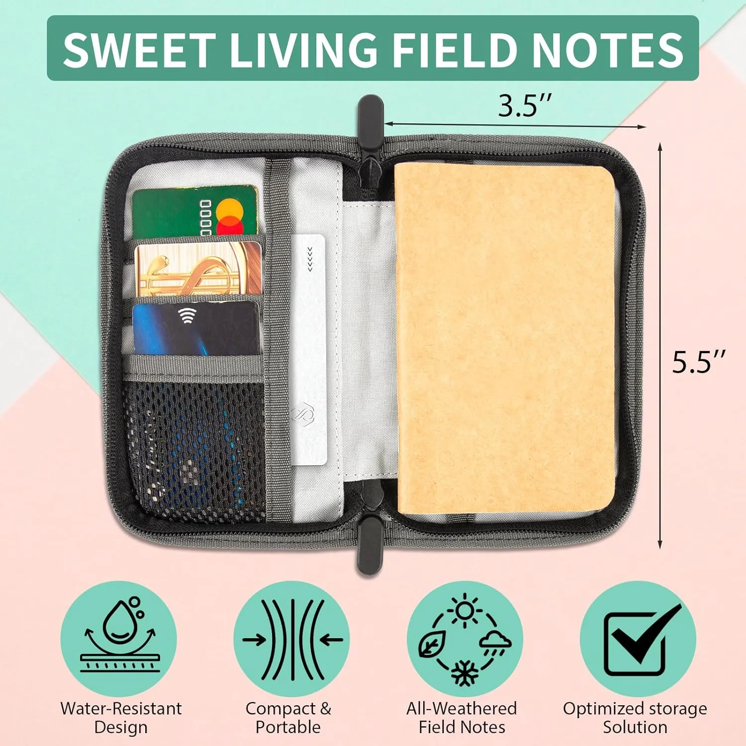 Field Notes Notebooks Cover,Journal Cover for 3.3 x 5.5 Field Notes Moleskine Cahier,Water Resistant Pocket Notebook Cover for Journal Notebook Planner with Zipper Pen Holder,Waxed Canvas (Grey, 3.3 x 5.5 inch)