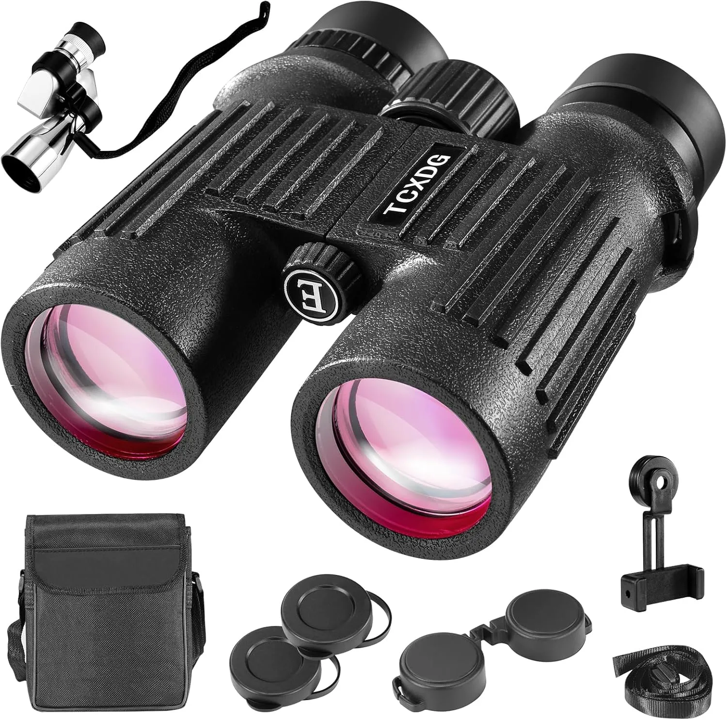HD 10x42 Binoculars with Phone Adapter - 8x20 Corner Monoculars - Large View, Clear Low Light Binoculars - Waterproof, Lightweight for Birding, Boating, Hiking, Camping (Black)