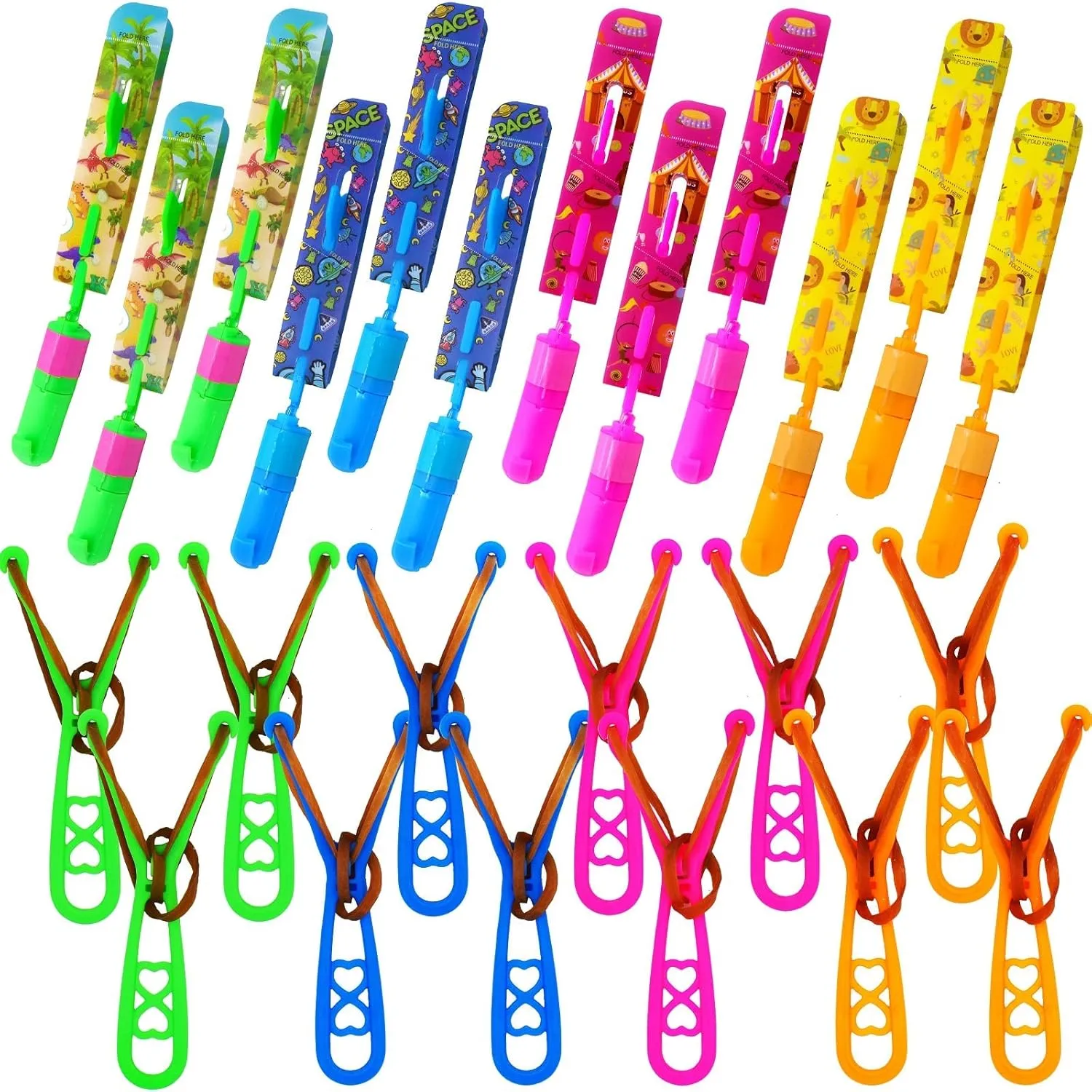 JX Rocket Slingshot Flying Toys with Led Lights,12Pcs LED Arrow Helicopters   12Pcs Launchers,Summer Outdoor Game LED Slingshot Toy for Kids, Glow in The Dark Kids Party Supplies