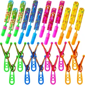 JX Rocket Slingshot Flying Toys with Led Lights,12Pcs LED Arrow Helicopters   12Pcs Launchers,Summer Outdoor Game LED Slingshot Toy for Kids, Glow in The Dark Kids Party Supplies