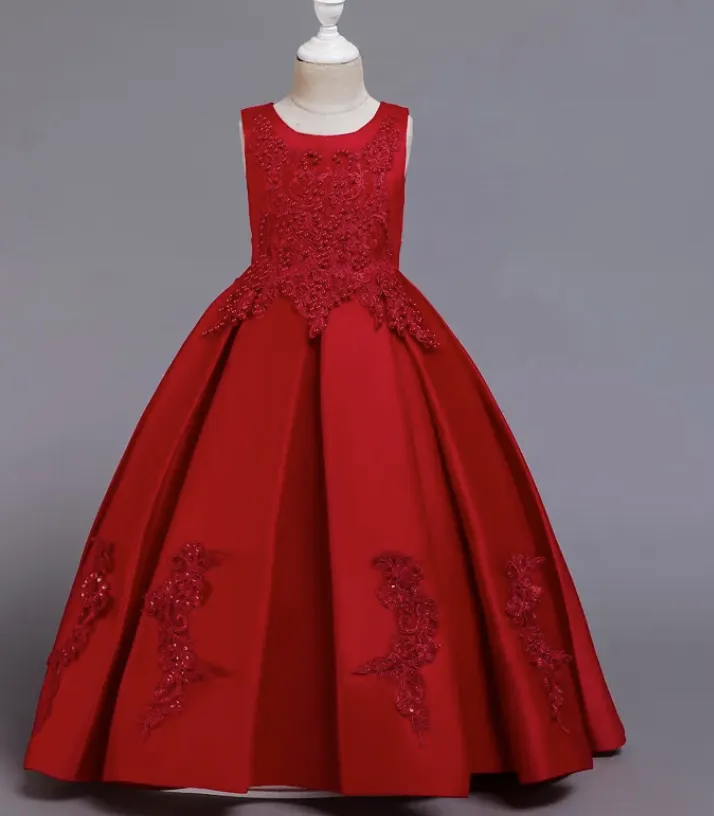 Long Satin Large Pleat Flower Girls Formal Gown