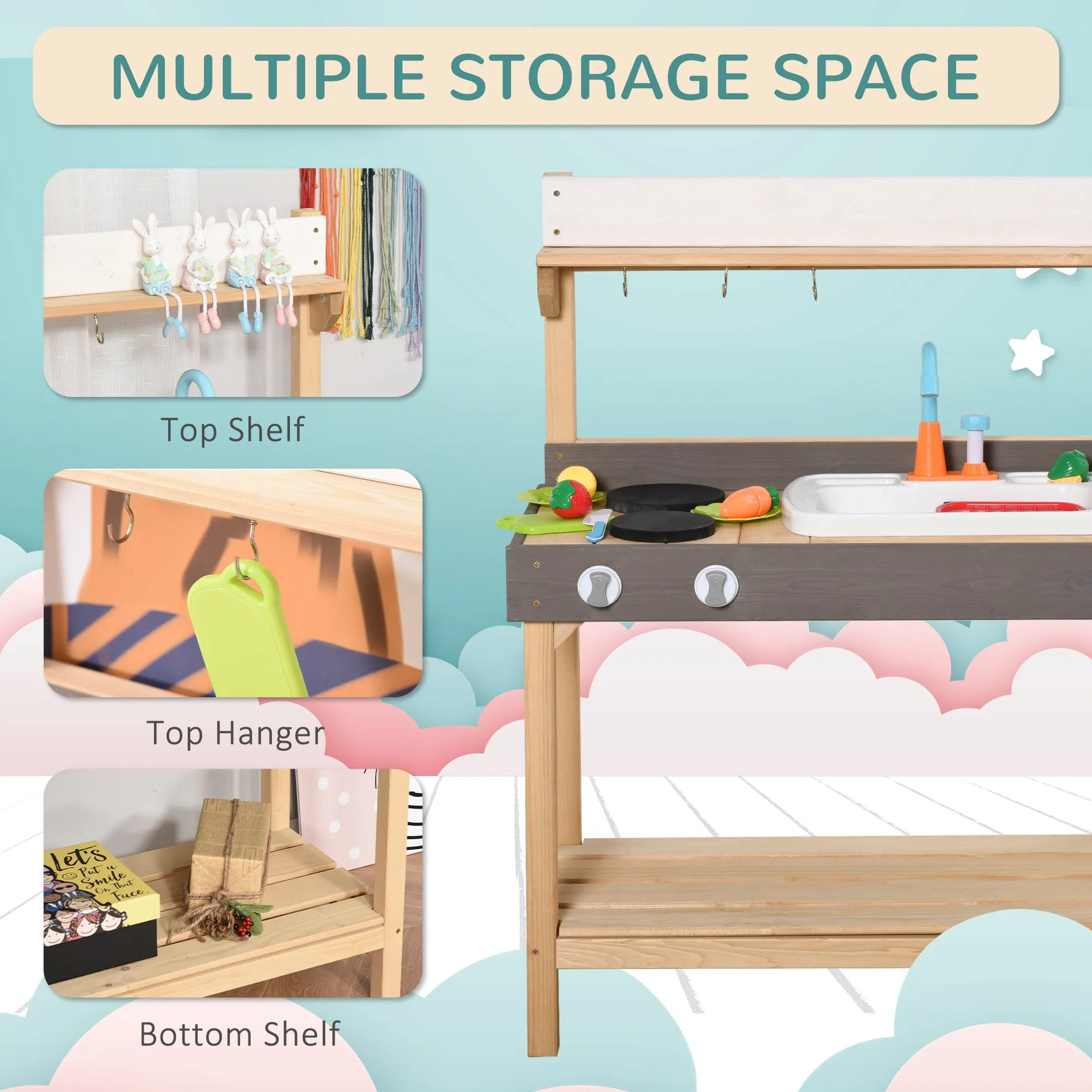 Wooden Play Kitchen Set Running Water Sink Playset