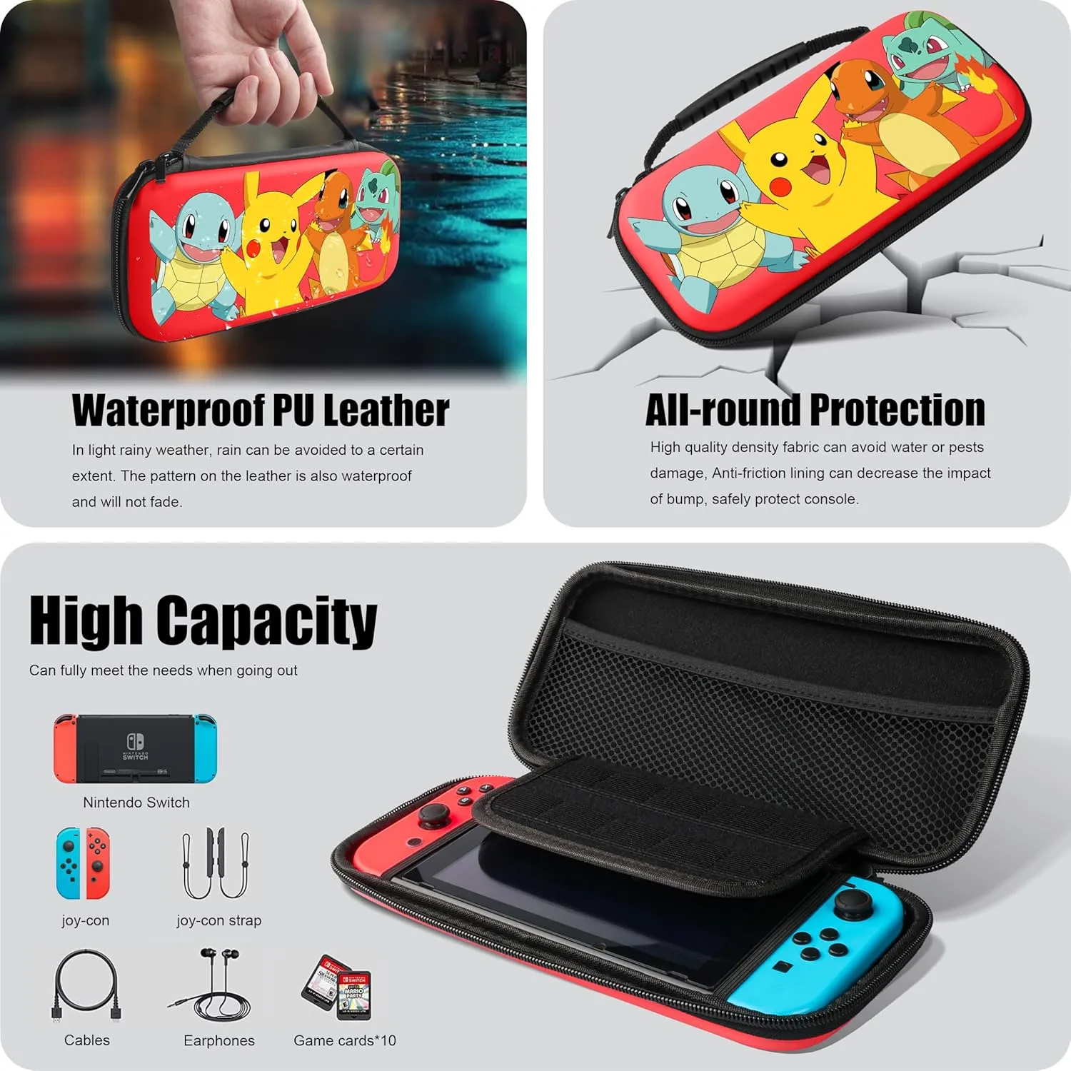 Xcitifun Carrying Case Compatible with Nintendo Switch, Protector Joy-Con Case & Dock Cover & Travel Bag Case & Keychain 7 in 1 Accessories Kit Set Switch Carry Cases for Boys Girls Kids - Red Poke