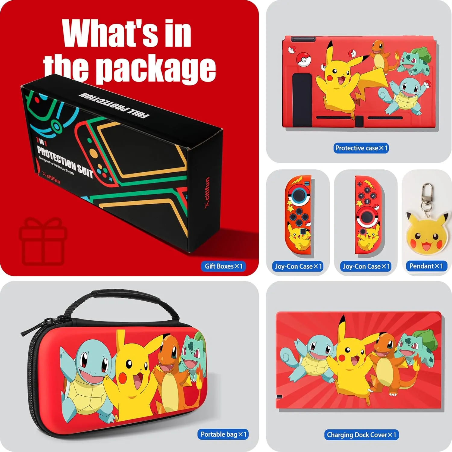 Xcitifun Carrying Case Compatible with Nintendo Switch, Protector Joy-Con Case & Dock Cover & Travel Bag Case & Keychain 7 in 1 Accessories Kit Set Switch Carry Cases for Boys Girls Kids - Red Poke