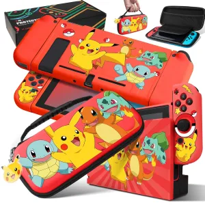 Xcitifun Carrying Case Compatible with Nintendo Switch, Protector Joy-Con Case & Dock Cover & Travel Bag Case & Keychain 7 in 1 Accessories Kit Set Switch Carry Cases for Boys Girls Kids - Red Poke